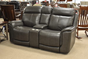 Grey leather loveseat with power-reclining and cupholders from Barcalounger