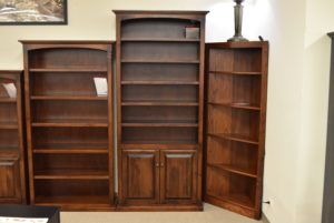 Custom wood bookcase with shelves and doors